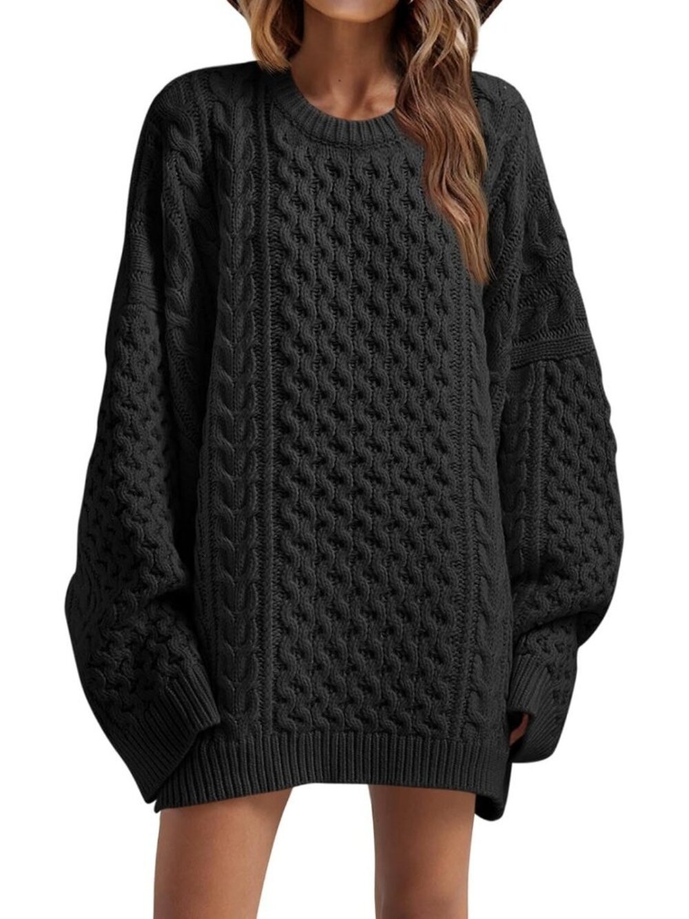 Women's Black Oversized Sweaters Chunky Cable Knit Tunic Long Winter Sweater
